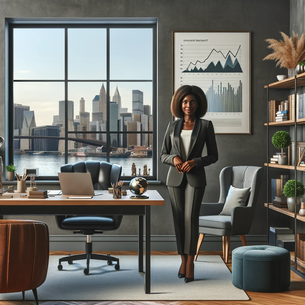 A contemporary office in Newtown with a Black female financial advisor in her 30s, elegantly dressed, standing near a desk with financial tools.