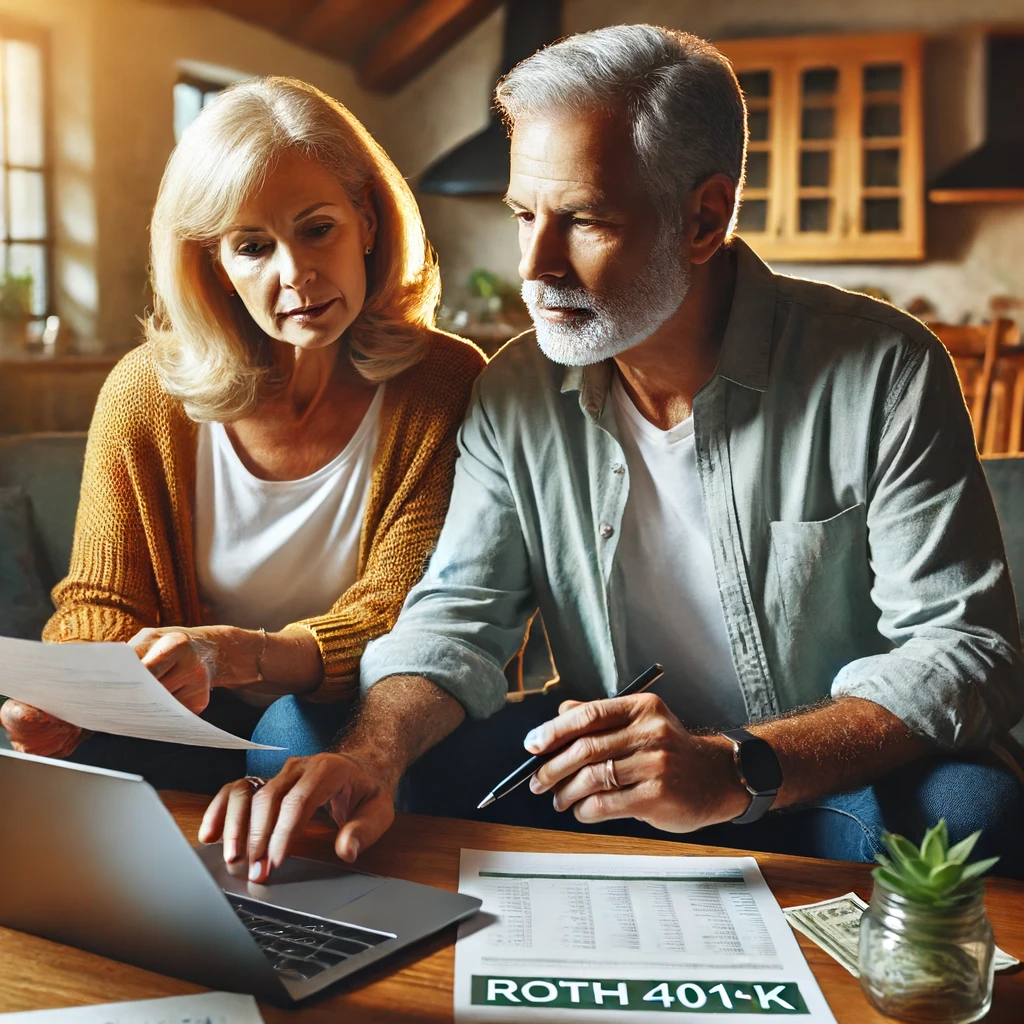 A middle-aged couple sitting at a table in a cozy home, reviewing their Roth 401(k) savings plan with a laptop and documents.