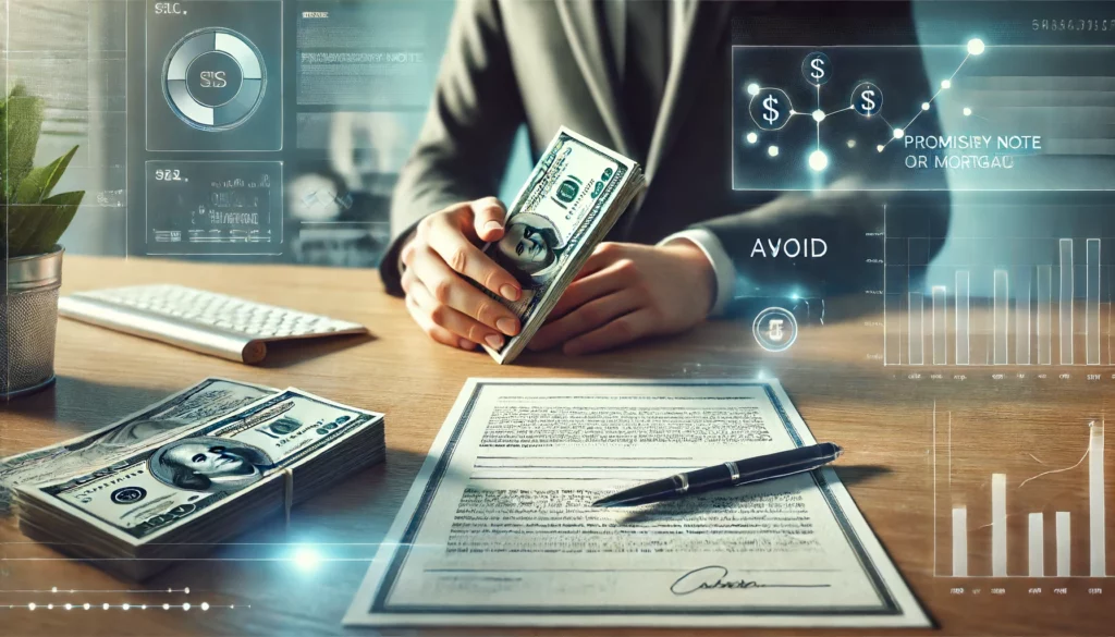 A clean desk with a hand holding cash and a promissory note, symbolizing the process to "Sell My Note Fast.